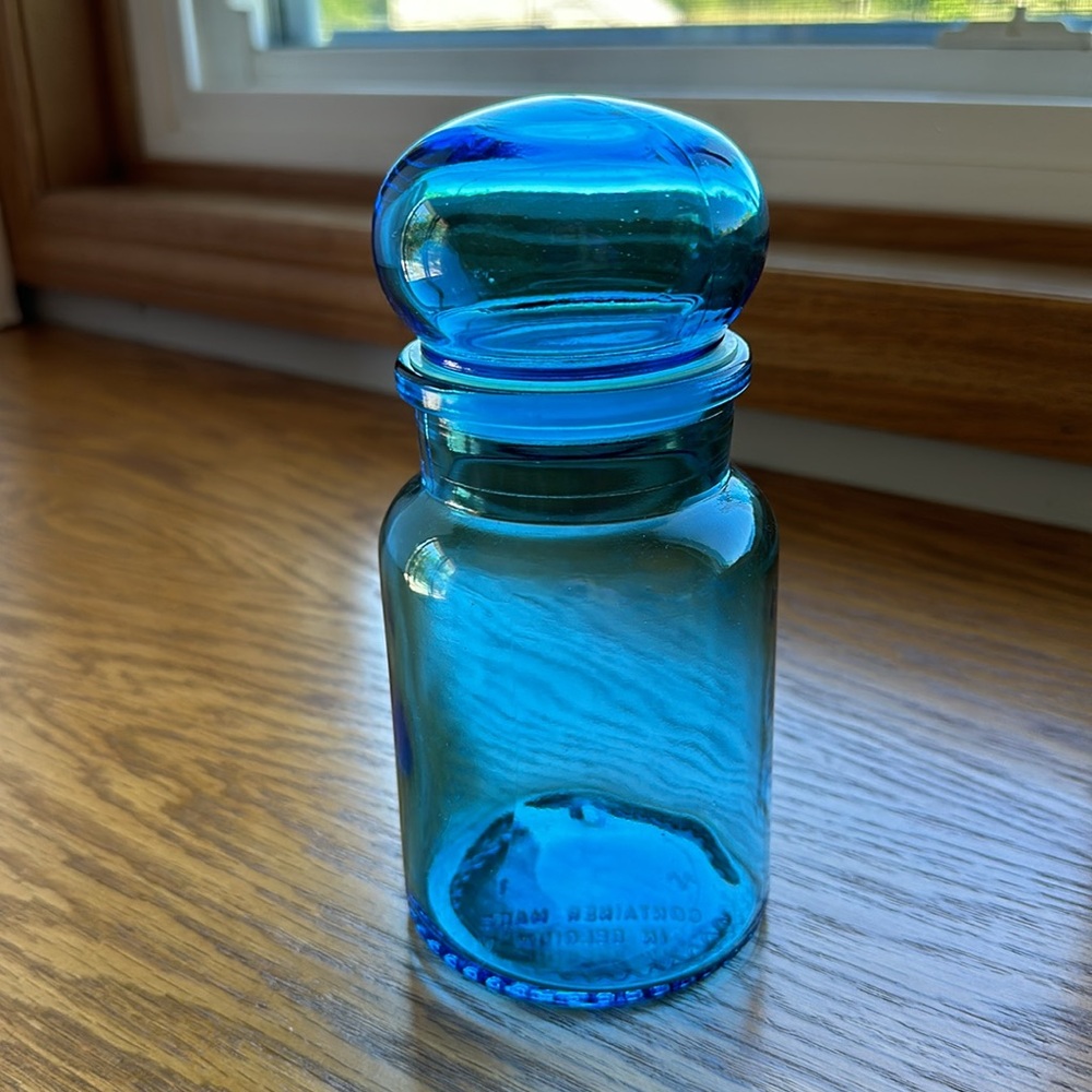 Vintage Belgium Bubble Top Apothecary Jar 7” Aqua Blue Glass Mid-Century